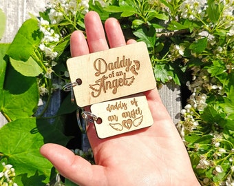 Daddy Of An Angel Keychain, Wooden Keyring, Laser Etched, Personalized, Miscarriage, Loss Of Child, Christmas Gift For Dad, Angel Baby