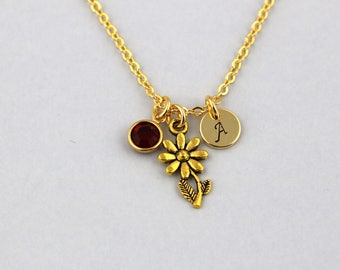 daisy necklace, gold filled, initial necklace, OPTIONAL birthstone or pearl, daisy jewelry,daisy flower necklace,girl scout necklace,for her