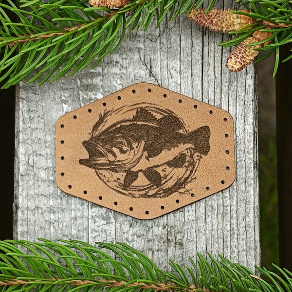 Bass Fishing Leather Patch, Full Grain Vegetable Tanned Leather, Nature Lover, Fishing Patches For Backpack, Jackets, River, Water, For Dad