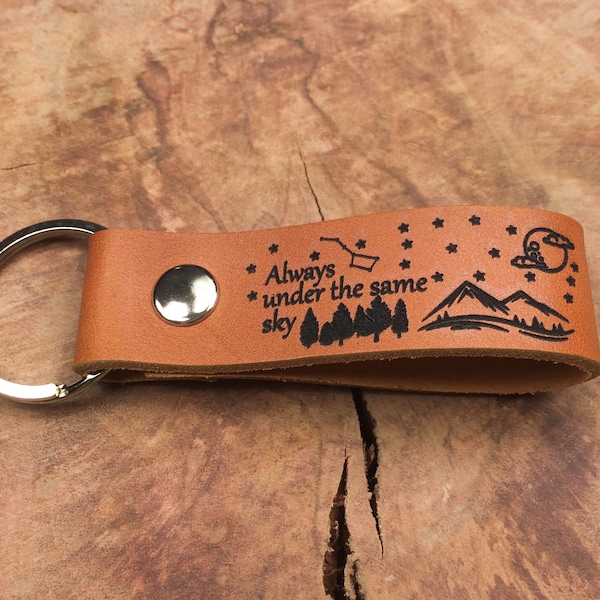 Always Under The Same Sky Keychain, Thick Premium Leather Keyring, Personalised, Laser Etched, Military Son Gift, Long Distance Relationship