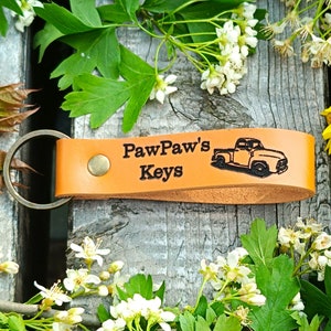 Grandpa Gift / PawPaw's Keys Keychain, Thick Premium Leather Keyring, Personalised, Laser Etched, Daddy's Truck, Gramps Gift, Pop Pop Gift