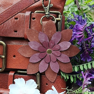Brown And Purple Premium Leather Flower Purse Charm, 8 Styles, Vegetable Tanned Italian Leather Purse Bag Charm, Cobalt, Turquoise, Emerald