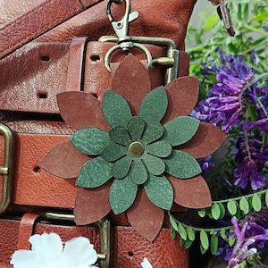 Brown And Emerald Premium Leather Flower Purse Charm, 8 Styles, Vegetable Tanned Italian Leather Purse Bag Charm, Purple, Cobalt, Turquoise