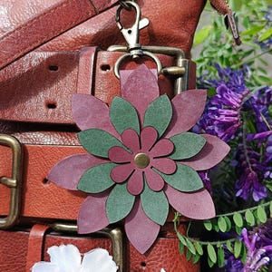 Purple And Emerald Premium Leather Flower Purse Charm, 8 Styles, Vegetable Tanned Italian Leather Purse Bag Charm, Cobalt, Turquoise, Brown
