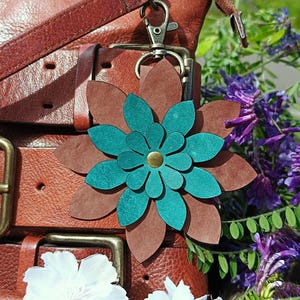Brown And Turquoise Premium Leather Flower Purse Charm, 8 Styles, Vegetable Tanned Italian Leather Purse Bag Charm, Purple, Cobalt, Emerald