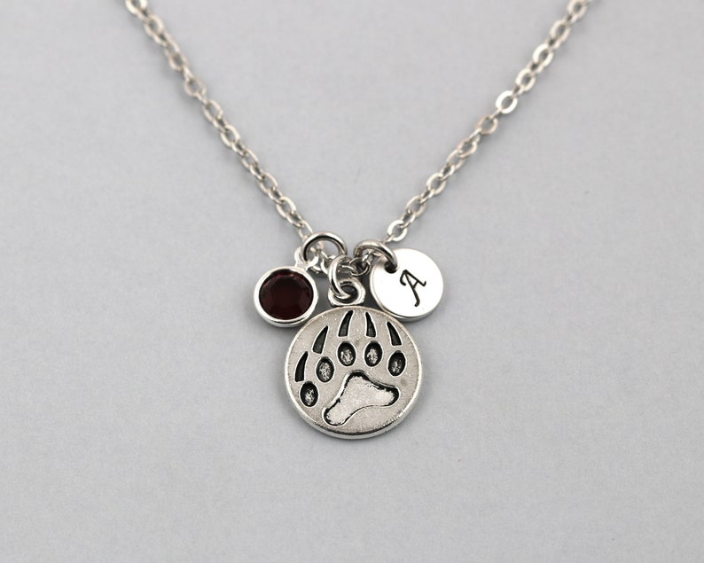 Bear Paw Print Necklace Initial Optional Birthstone - Bear Paw Print Pendant Bear Paw Print Necklace Initial Optional Birthstone - Bear Paw Print Pendant