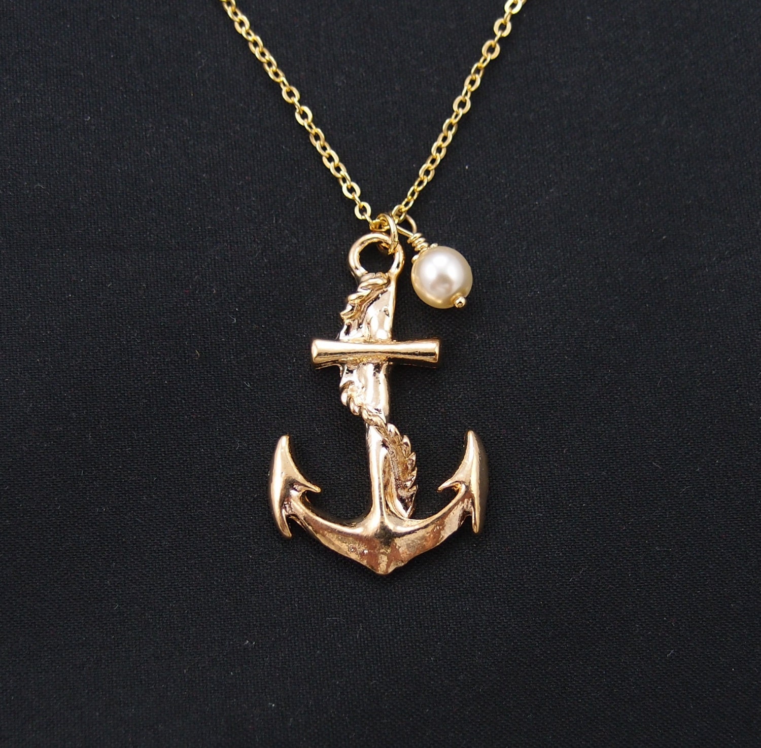 large anchor necklace gold filled Swarovski cream pearl Etsy