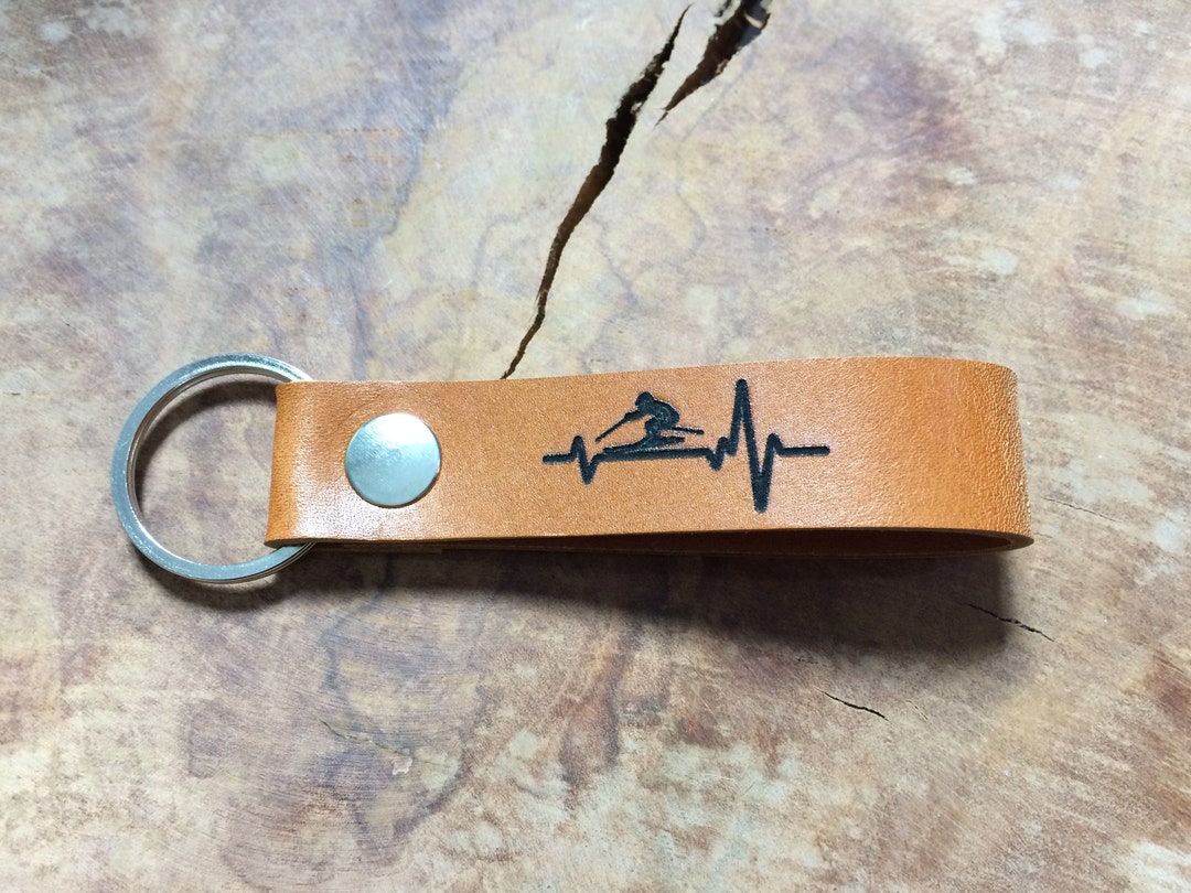 Skiing Heartbeat Keychain, Thick Premium Leather Keyring, Personalised