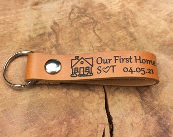 Our First Home Keychain, Thick Premium Leather Keyring, Personalised, Laser Etched, House Keyfob, Moving In Gift, Housewarming Gift, Couples