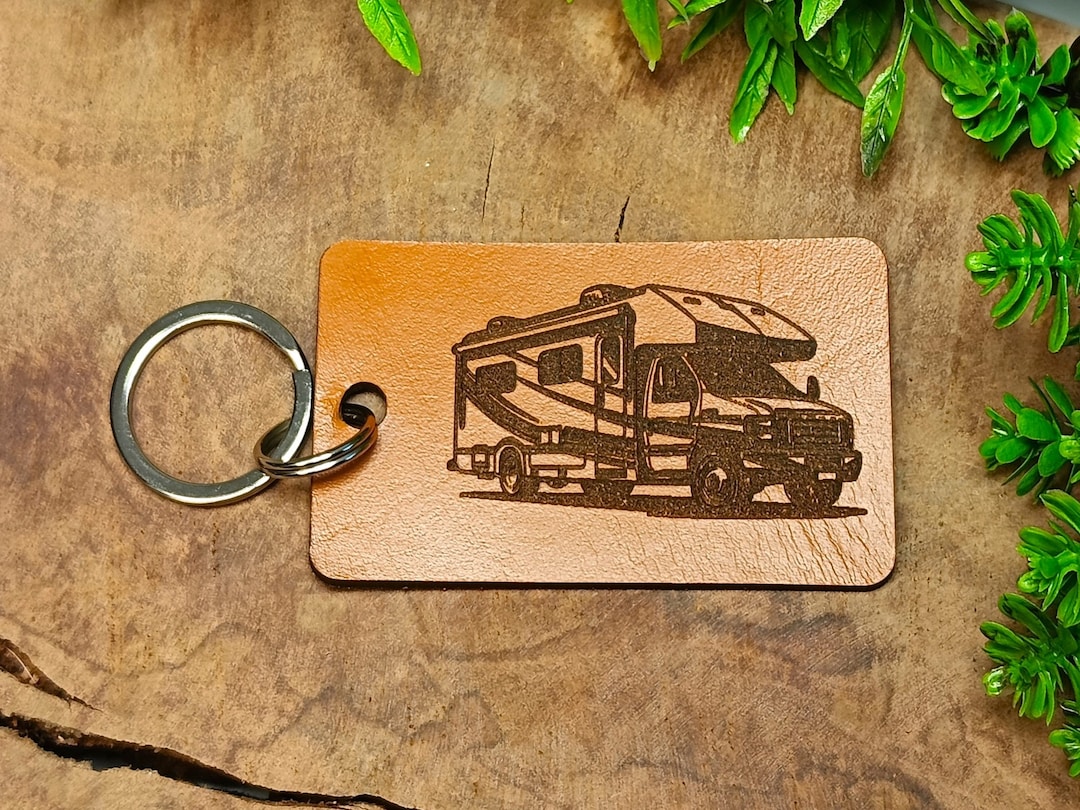 Class C Motorhome Keychain, Personalised Leather Keyring, Laser Etched