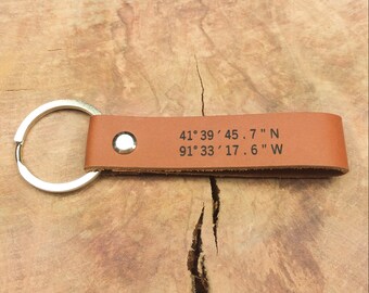 Personalised Leather Coordinate Keyring, Custom Latitude Longitude, Wedding Anniversary Gift, Special Place, Long Distance Boyfriend Gift