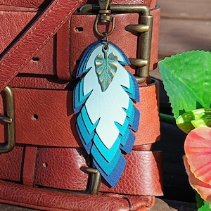 Leather Feather Purse Charm Dragonfly Or Leaf, Handmade, Cobalt/Navy, Turquoise, Baby Blue Keychain, Split Feather Clip On Charm