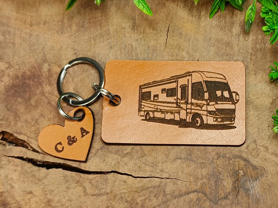 Class A Motorhome Keychain, Personalised Leather Keyring, Laser Etched