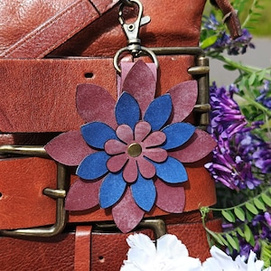 Purple And Cobalt Premium Leather Flower Purse Charm, 8 Styles, Vegetable Tanned Italian Leather Purse Bag Charm, Turquoise, Emerald, Brown