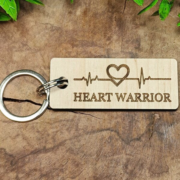 Heart Warrior Keychain, Wooden Keyring, Laser Etched, Get Well Gift, Heart Transplant Survivor, Heartbeat, Dad Gift, Warrior Mom Key Fob