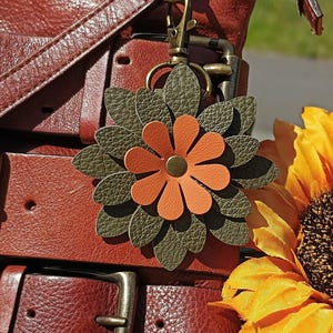 NEW! Green And Orange Leather Flower Purse Charm, 6 Styles, Purse Bag Charm Accessory, Clip On Bag Charm, Cool Brown, Blue,Brown,Ranch,Black