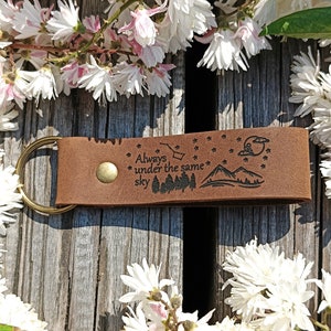 Always Under The Same Sky Keychain, 28 COLORS Premium Leather Keyring, Personalised, Laser Etched, Military Son, Long Distance Relationship
