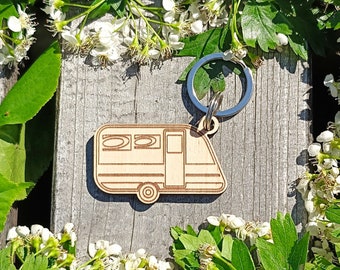 Trailer Keychain, Wooden Keyring, Personalised, Laser Etched, Camper Gift, Camper Life, Camping Lover, Gift for Camper, Camping Keychain