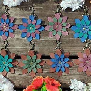 Premium Leather Flower Purse Charm, 8 Styles, Vegetable Tanned Italian Leather Purse Bag Charm, Purple, Cobalt, Turquoise, Emerald, Brown