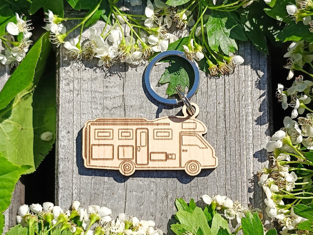 Class C Motorhome Keychain, Wooden Keyring, Personalised, Laser Etched