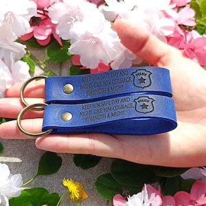 Police Officer Gift/ Keep Him/Her Safe Day & Night Keychain, 28 COLORS Premium Leather Keyring, Personalised, Laser Etched, Sheriff Keychain