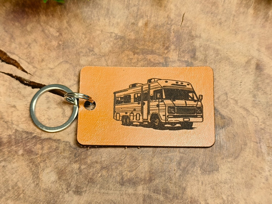 RV Motorhome Keychain, Personalised Leather Keyring, Laser Etched Gift