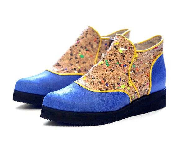 Leder BootiesWinterschuhe StiefelStiefeletten Kork Blaue Frauen LederKomfort Blau Aus Sohle htsCrxQd