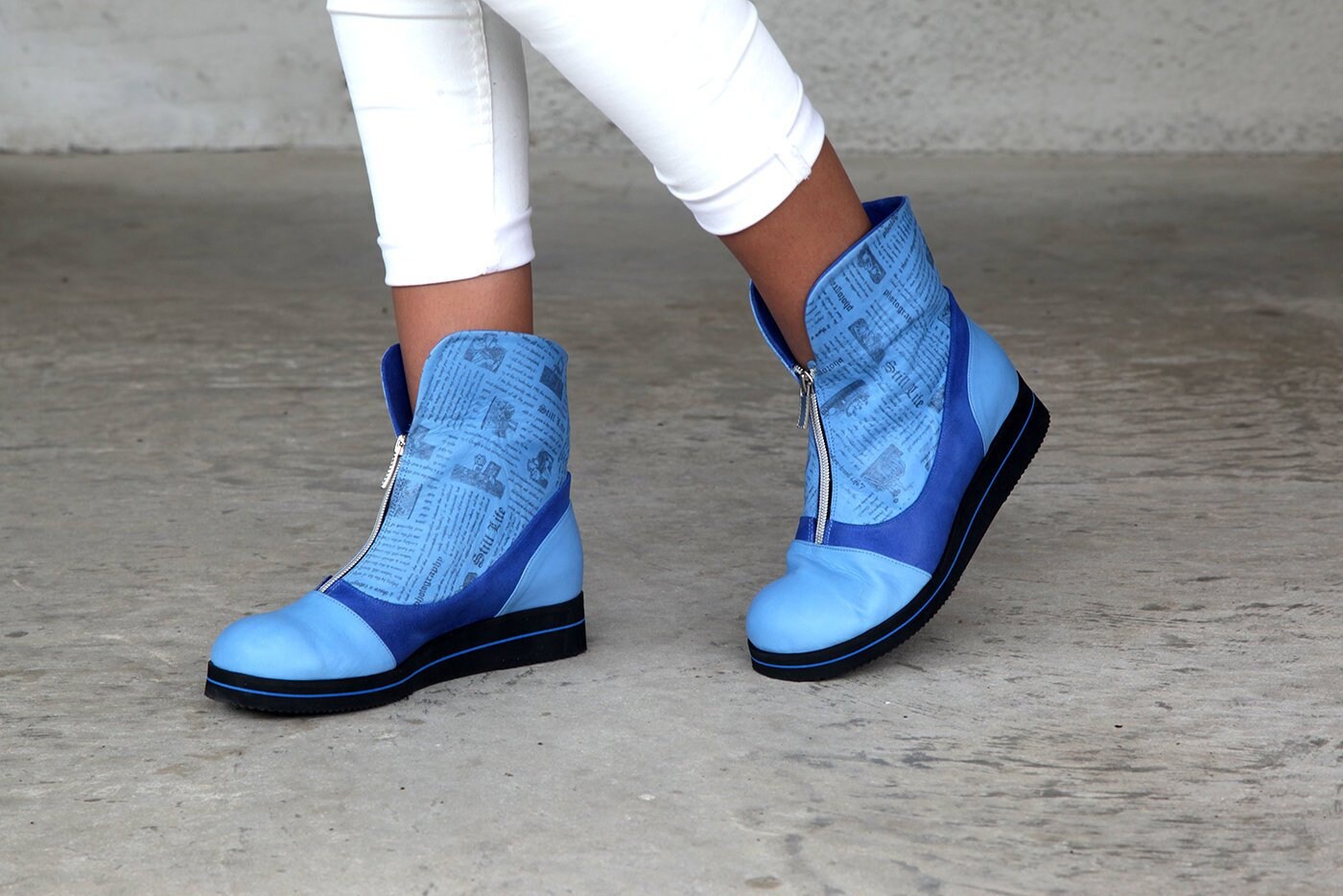 blue flat ankle boots