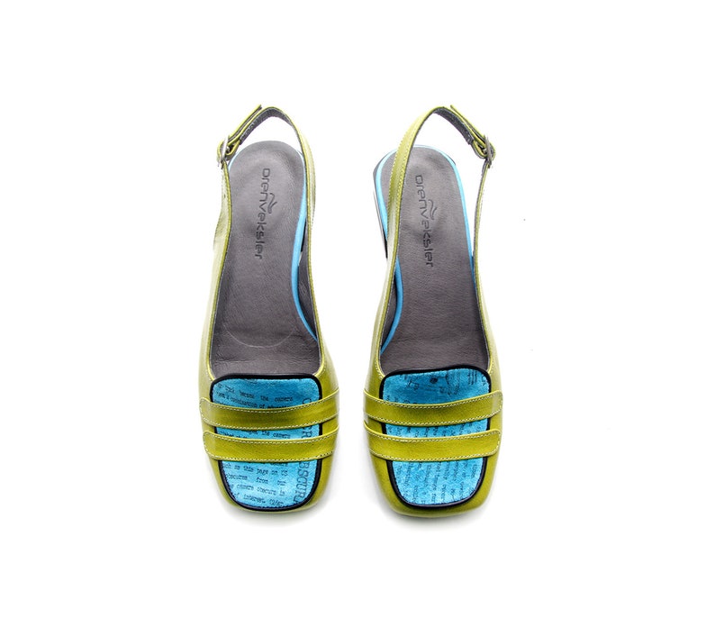 Low Heel Sandals Women Sandals Close Toe Shoes Green Leather Sandals Green /& Blue Slingbacks Summer Strap Sandals Green Slingbacks
