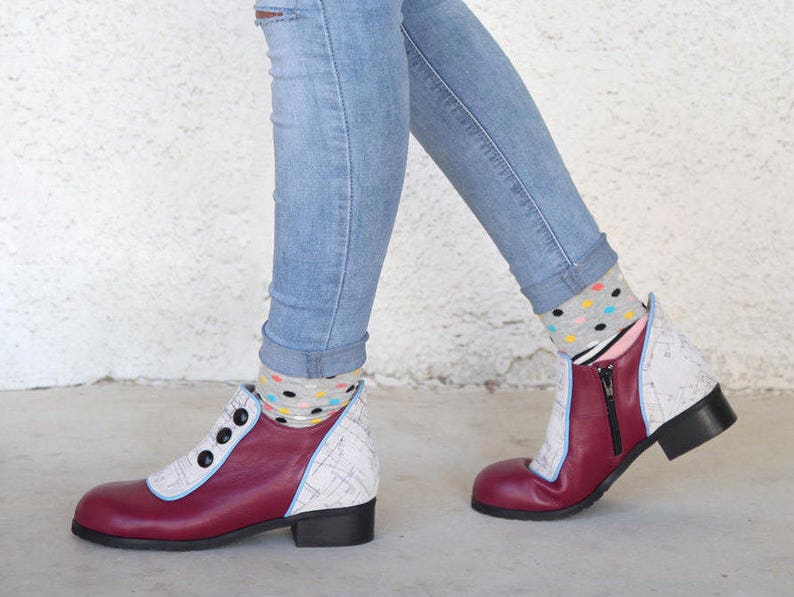 Flache, kurze Stiefel, Leder Schuhe der Frauen, Frauen Winterschuhe, Licht Burgondy, echt Leder Schuhe, Vintage Leder Booties mit Knöpfen Schuhe Flache, kurze Stiefel, Leder Schuhe der Frauen, Frauen Winterschuhe, Licht Burgondy, echt Leder Schuhe, Vintage Leder Booties mit Knöpfen Schuhe