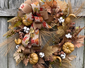 Harvest Wreath: Fall Maple Leaves, Pumpkins & Gourds