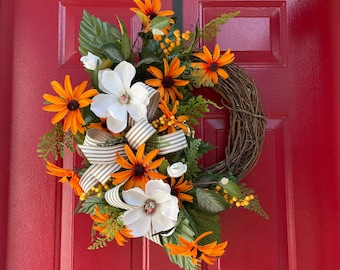 Magnolia Wreath, Farmhouse Decor, Spring