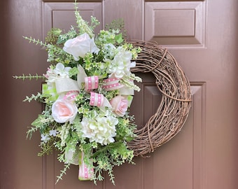 Hydrangea and Rose Wreath, Spring Wreath, Farmhouse