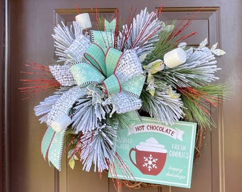 Christmas Wreath, Snowflake Hot Chocolate Wreath, Snowy Pine Wreath, Winter Wreath