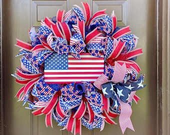American Flag Wreath: Patriotic Stars & Stripes Deco Mesh Door Decor