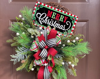 Christmas Wreath, Merry Christmas Wreath, Christmas Pine and Berry Wreath