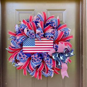Patriotic Front Door Wreath, July 4th Party Decor, Red White and Blue Wreath, Memorial Day Decor, Americana Decor image 1