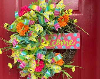 Spring Welcome Wreath, Farmhouse Decor, Summer