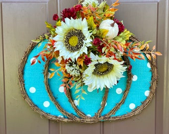 Fall Blue with White Polka Dot Pumpkin Wreath, White Sunflower Door Hanger, Sunflowers and Pumpkin Front Door Wreath