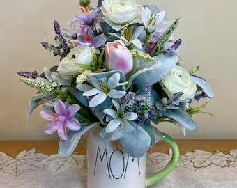 Mothers Day Faux Floral Arrangement in Rae Dunn Mom Mug, Pink Tulips & Ranunculus, Spring Gift for Mom, Farmhouse Floral Decor