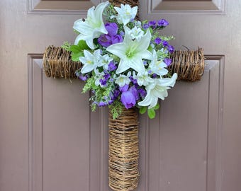 Handcrafted Cross Wreath: Grapevine, Lilies, Tulips - Spring Decor