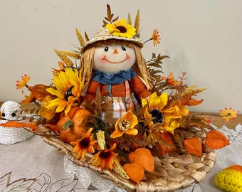 Handmade Scarecrow Pumpkin Basket, Fall Floral Centerpiece