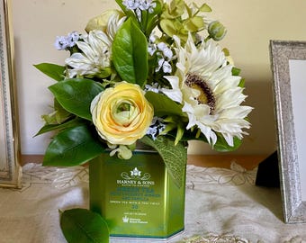 Sunflower & Ranunculus Floral Arrangement: Farmhouse Tea Tin Centerpiece