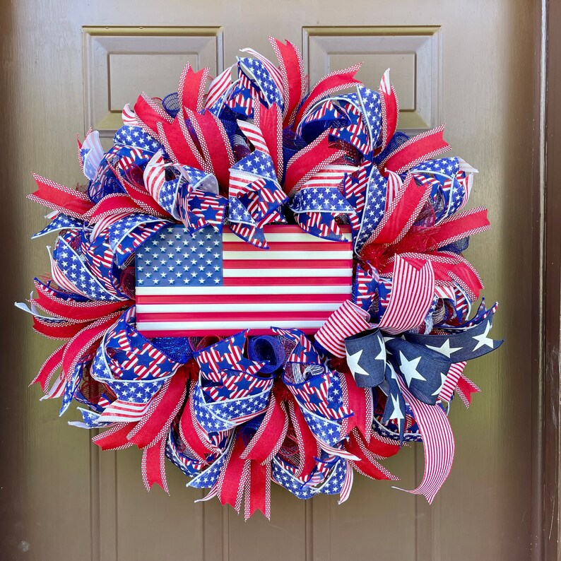 Patriotic Front Door Wreath, July 4th Party Decor, Red White and Blue Wreath, Memorial Day Decor, Americana Decor image 10