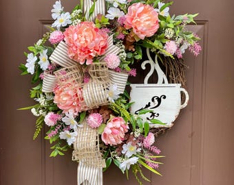 Peony Daisy Wreath with Teacup: Farmhouse Door Decor