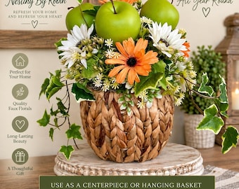 Green Apple Floral Arrangement, Fall Centerpiece, Hanging Basket Decor, Farmhouse Apple Decor, Kitchen Table Centerpiece