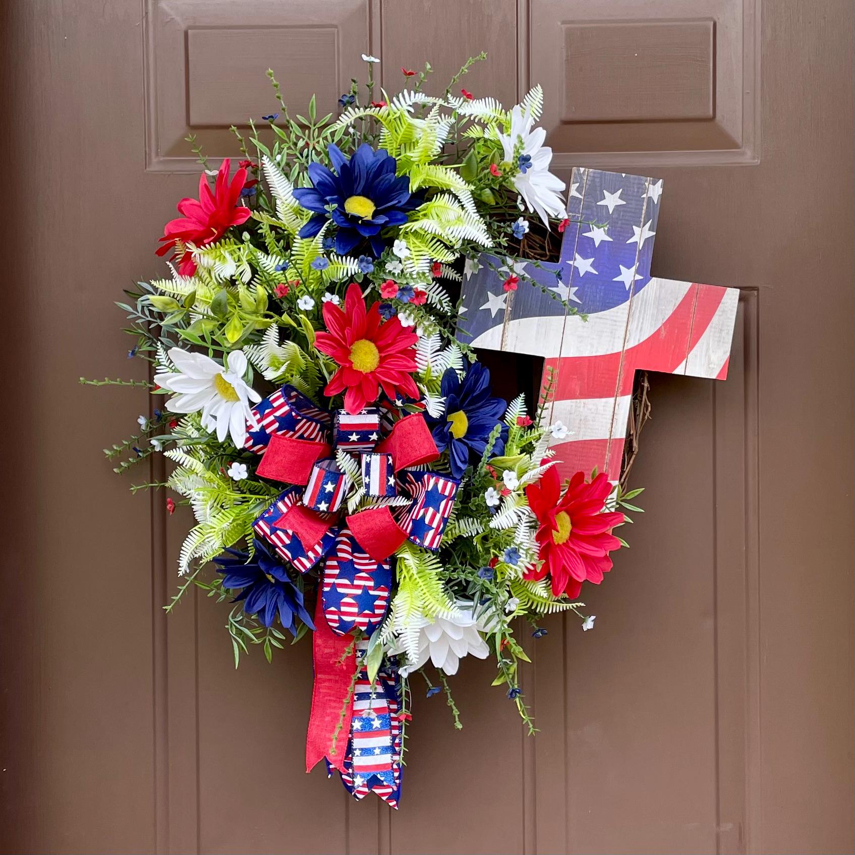 Floral Patriotic Wreath: Red, White, and Blue 4th of July Door Decor