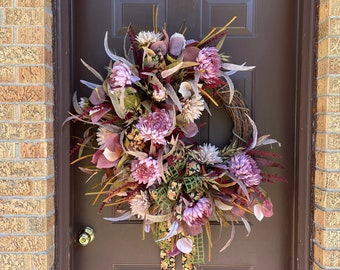 Rustic Fall Wreath, Fall Peony and Dahlia Wreath, Front Door Wreath For Fall