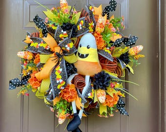 Candy Corn Vampire Halloween Wreath – Deco Mesh Door Decor