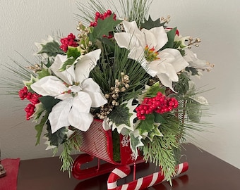 Christmas Sleigh Centerpiece, Red and White Poinsettia Arrangement, Holiday Table Decor, Christmas Mantel Decor, Winter Floral Display
